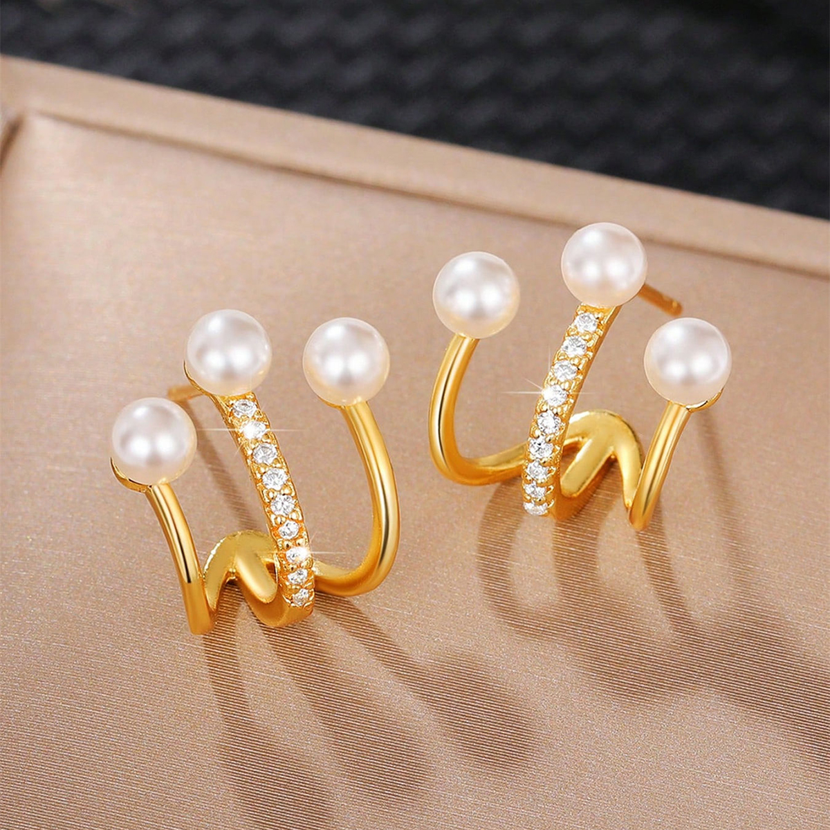 Geometric Earrings For Women With Claw Setting, Water Plated Copper, And KC Golden Plated Finish Featuring Pearl Inlay 6