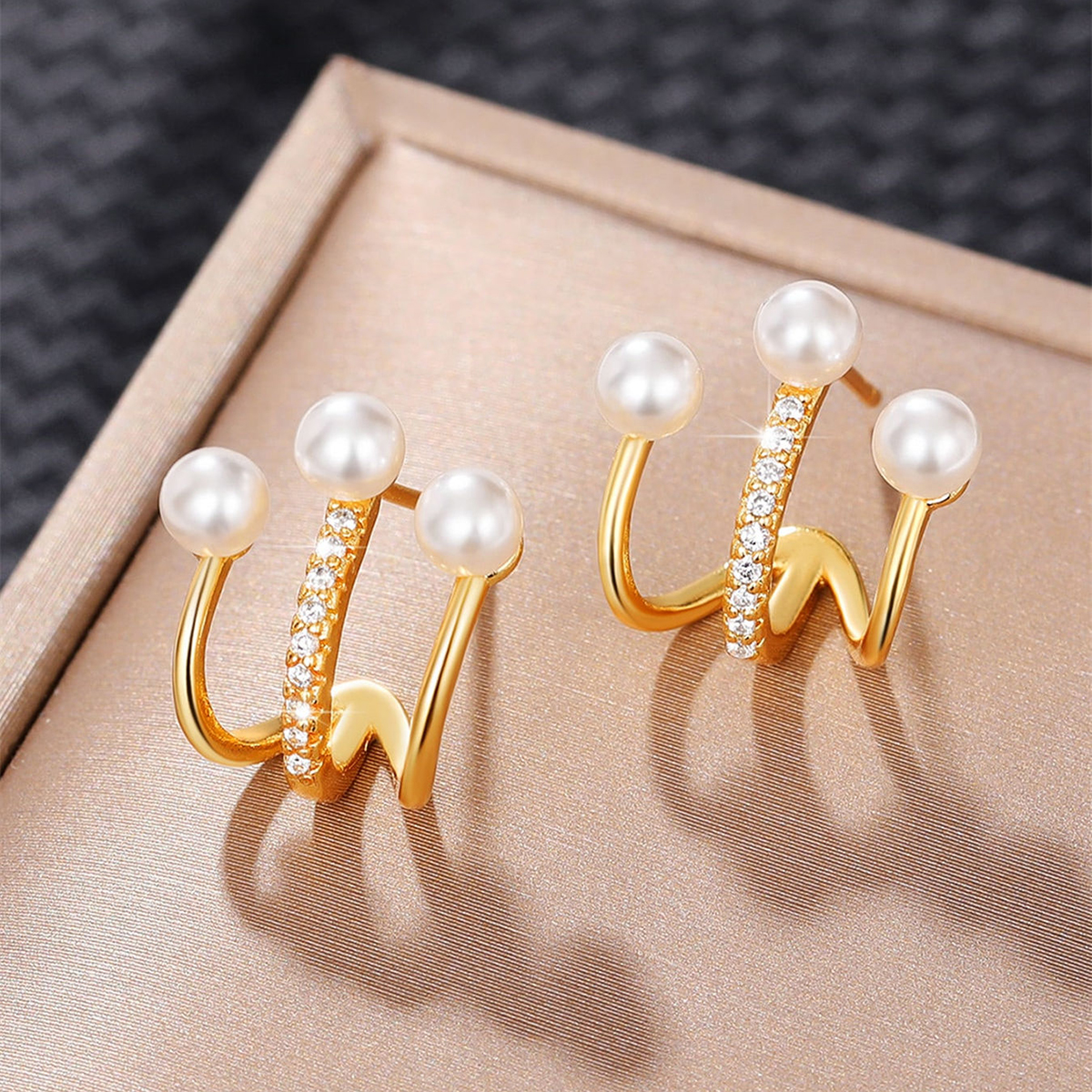 Geometric Earrings For Women With Claw Setting, Water Plated Copper, And KC Golden Plated Finish Featuring Pearl Inlay 8