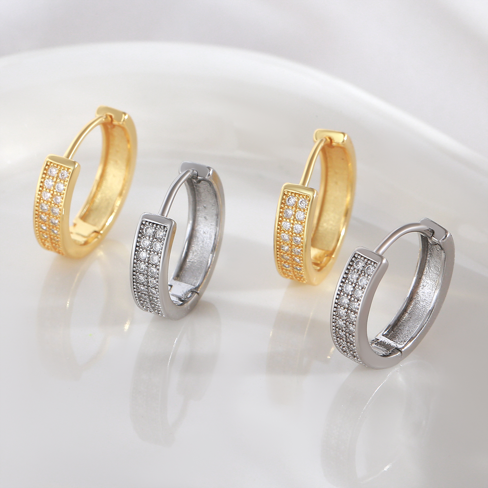 Geometric Earrings For Women With Claw Setting, PVD Coated Copper, 18K Real Gold Plated Featuring Zircon Inlay