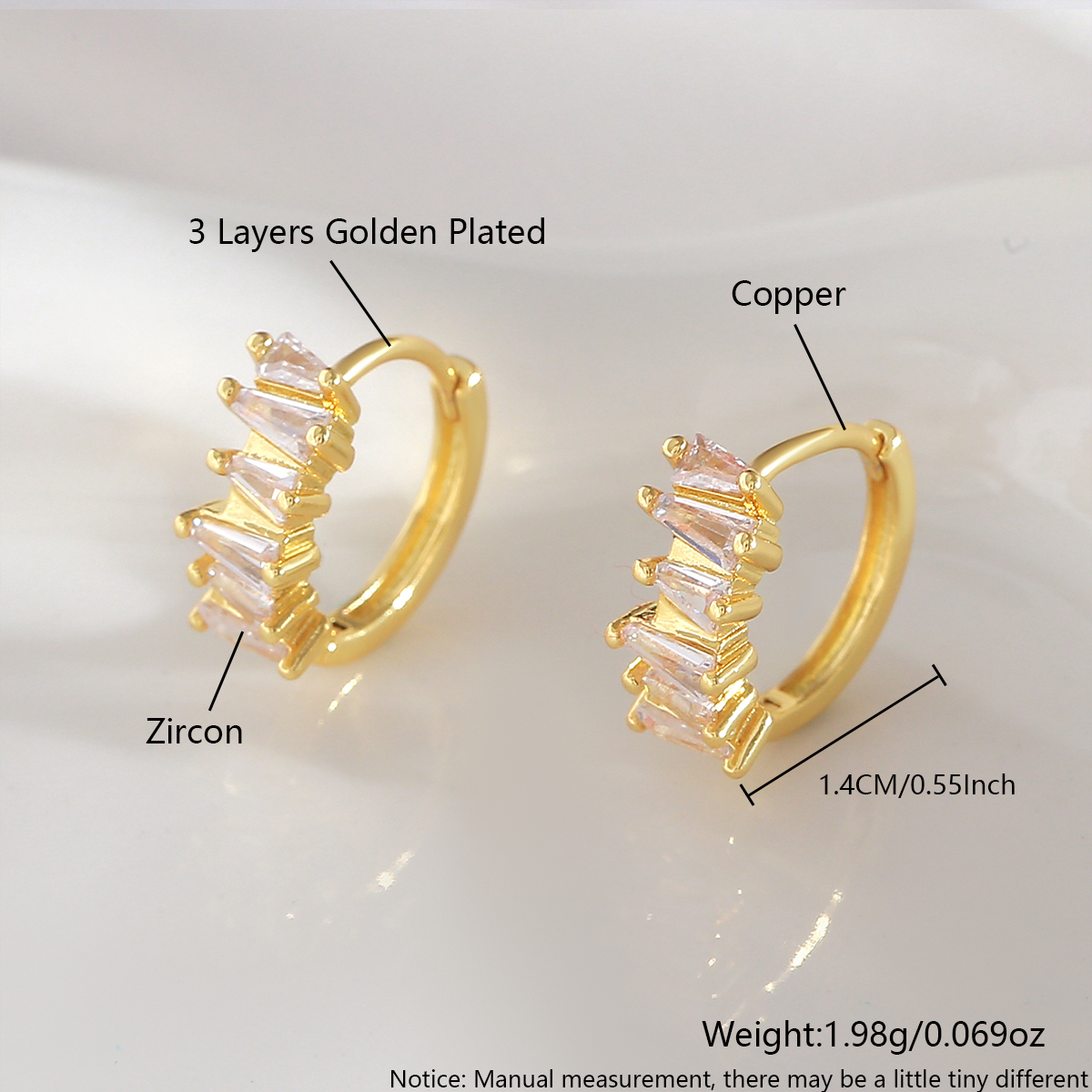 Geometric Earrings For Women With Claw Setting, PVD Coated Copper, 18K Real Gold Plated Featuring Zircon Inlay 2