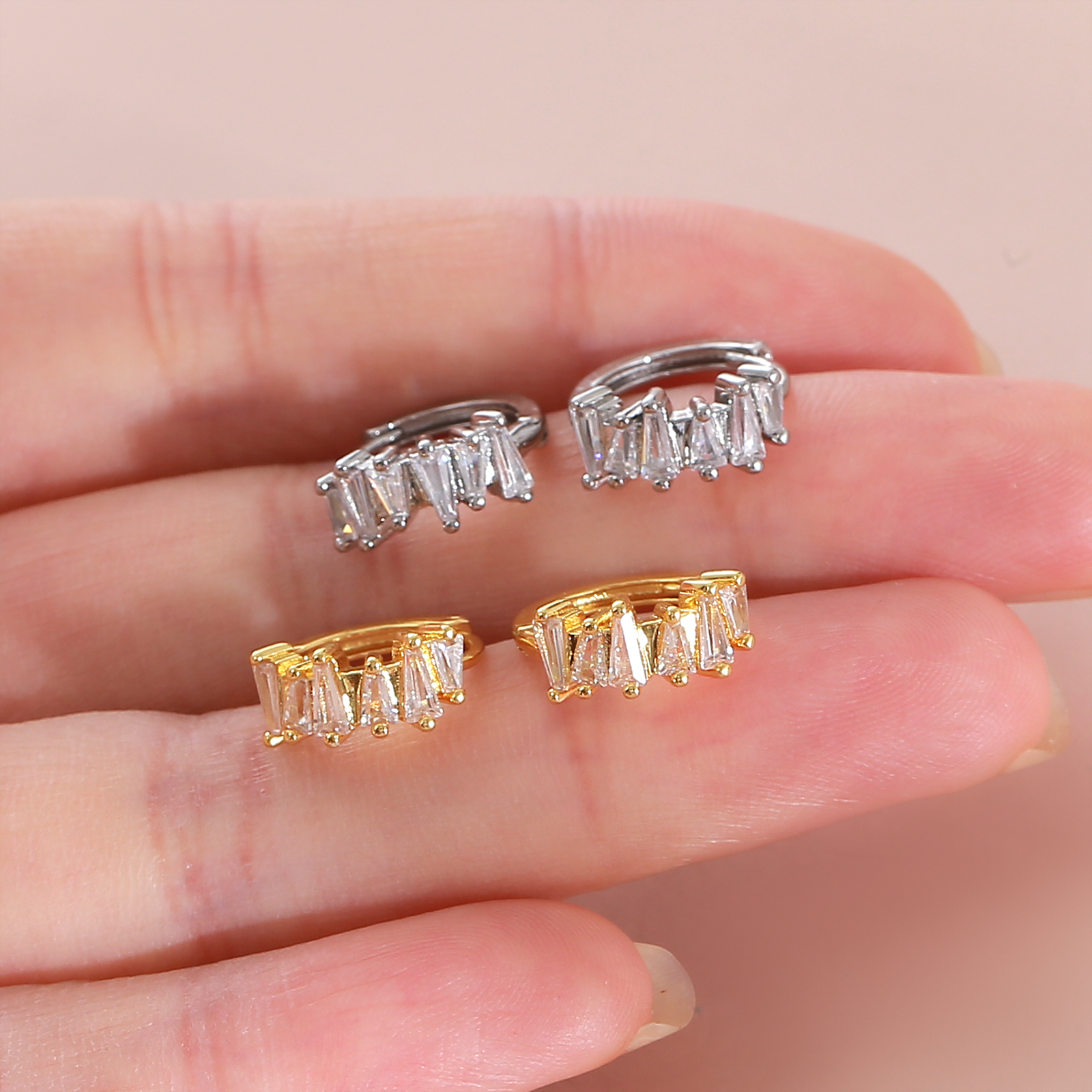 Geometric Earrings For Women With Claw Setting, PVD Coated Copper, 18K Real Gold Plated Featuring Zircon Inlay 6