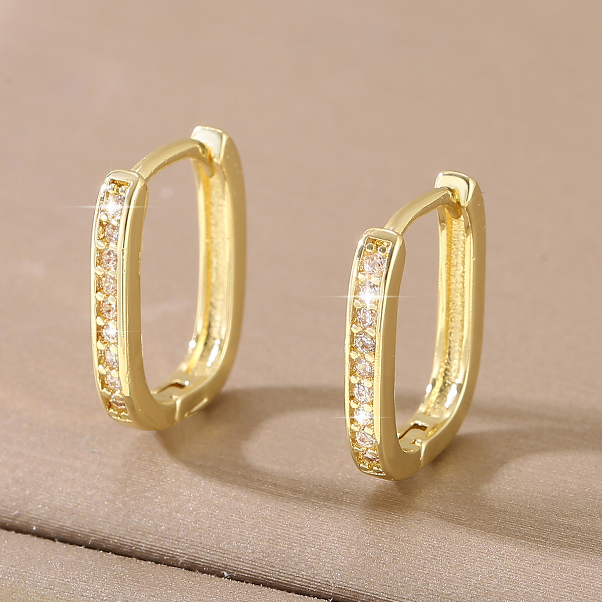 Geometric Earrings For Women In Golden Copper With Electroplated Gold Plating And Zircon Inlay