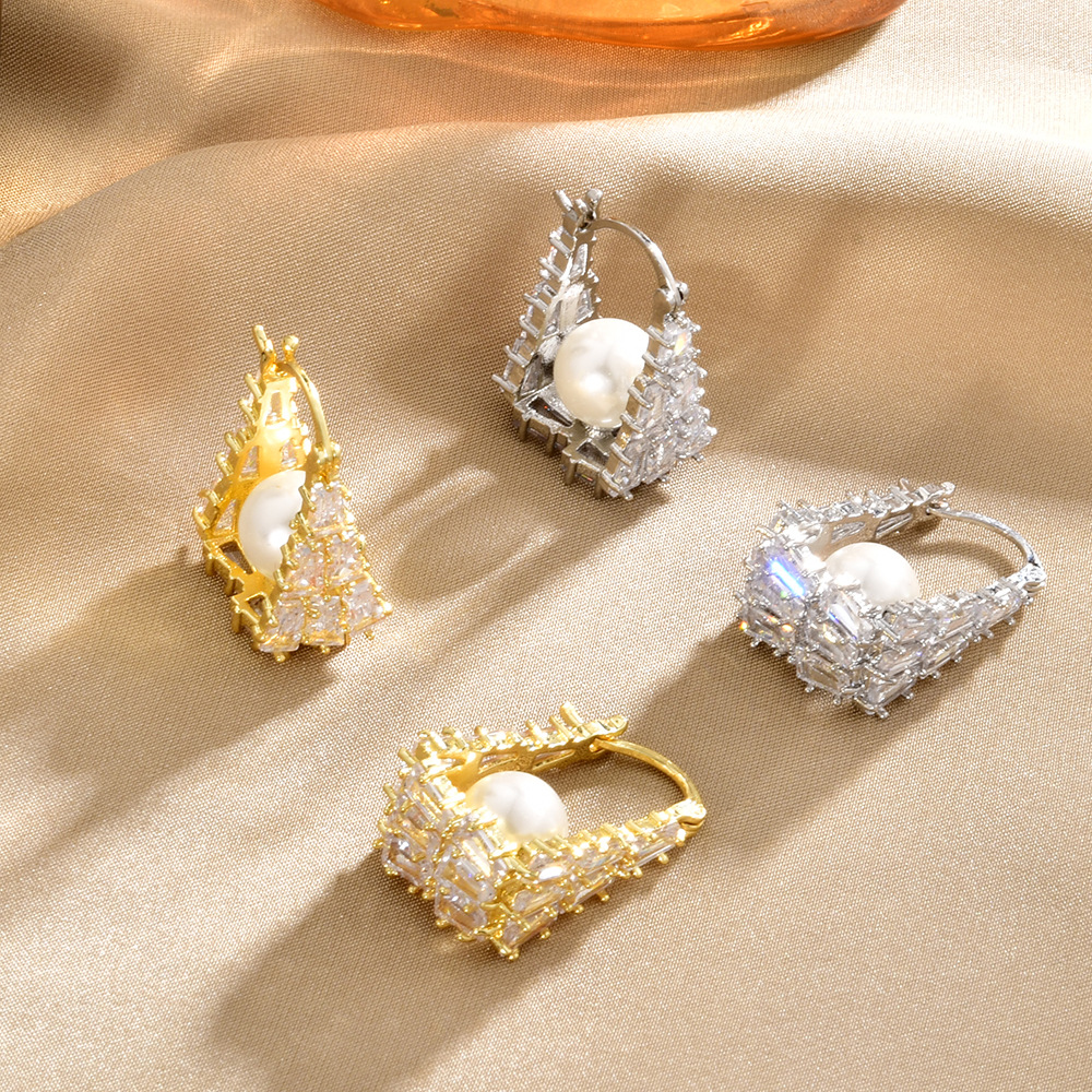 Geometric Earrings For Women With Imitation Pearl And Zircon In 14K Real Gold Plated Finish, Golden Ear Cuffs