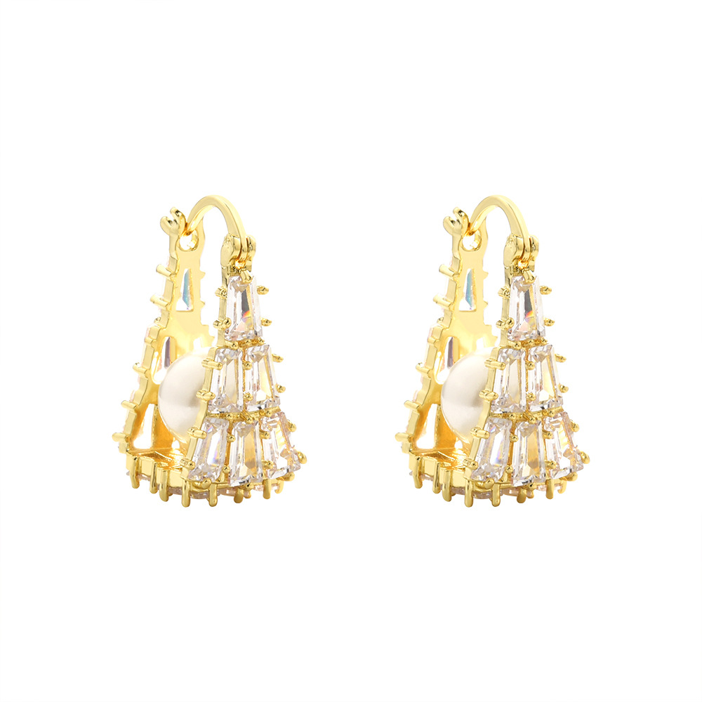 Geometric Earrings For Women With Imitation Pearl And Zircon In 14K Real Gold Plated Finish, Golden Ear Cuffs 5
