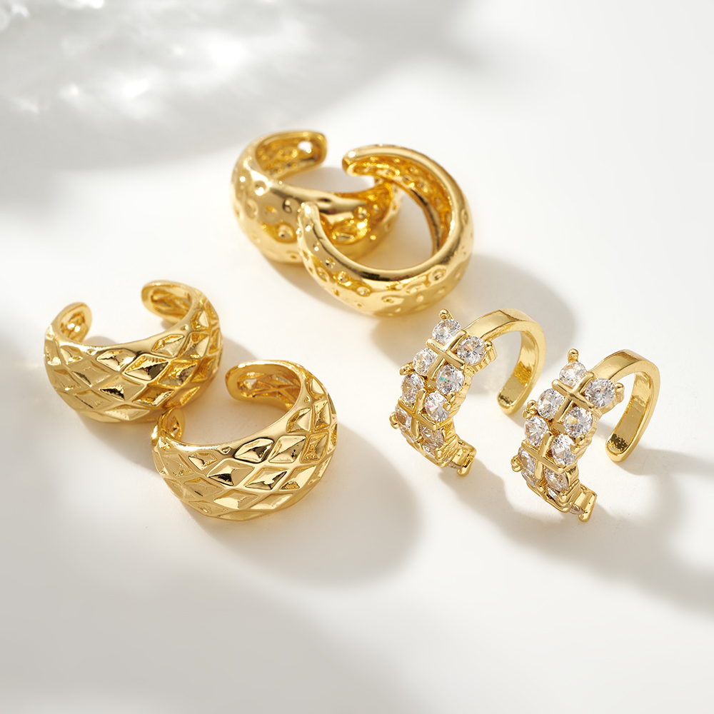 Geometric Electroplated Clip Earrings For Women In Copper With 18K Real Gold Water Plating And Zircon Inlay 2