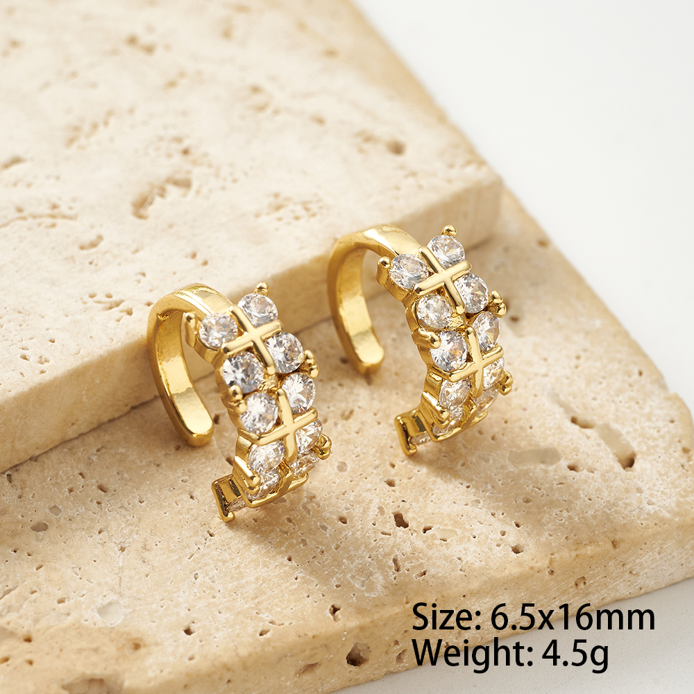 Geometric Electroplated Clip Earrings For Women In Copper With 18K Real Gold Water Plating And Zircon Inlay 4