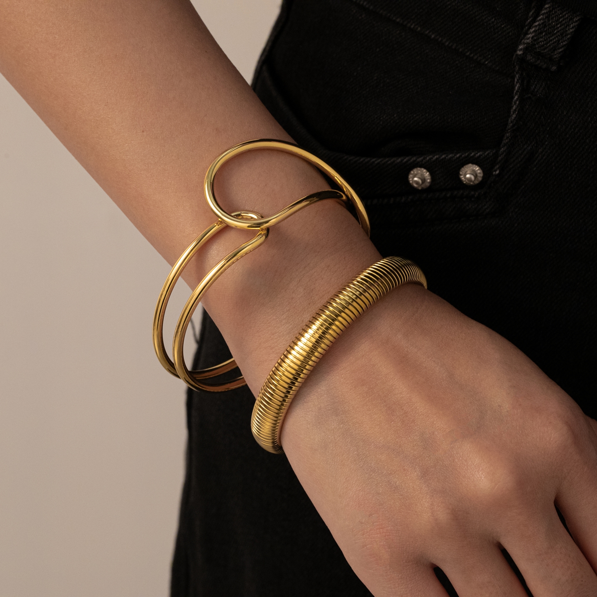 Geometric Electroplated Copper Bangle For Women With 0.03µm 18K Real Gold Water Plating