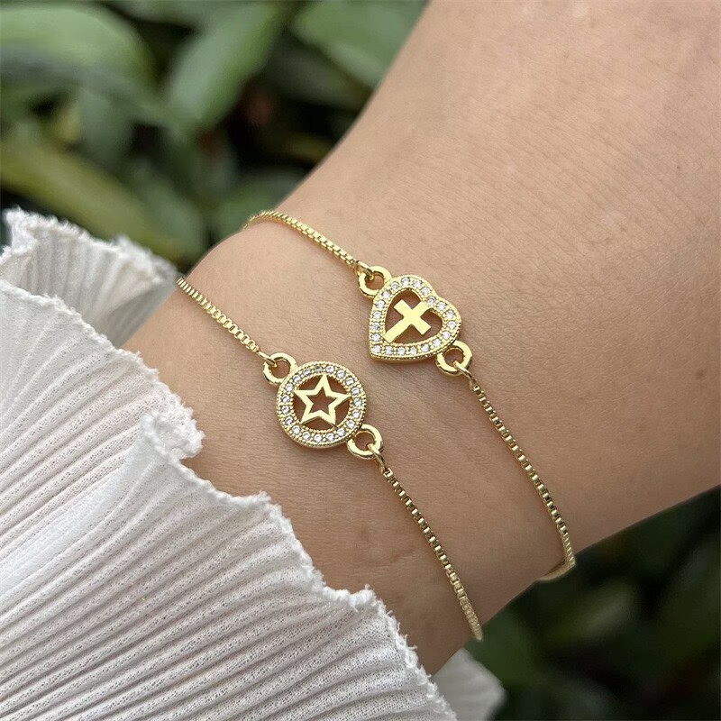 Geometric Electroplated Copper Bracelet For Women With 18K Real Gold Plated PVD Coating And Zircon Inlay, Featuring Slider Chain 7