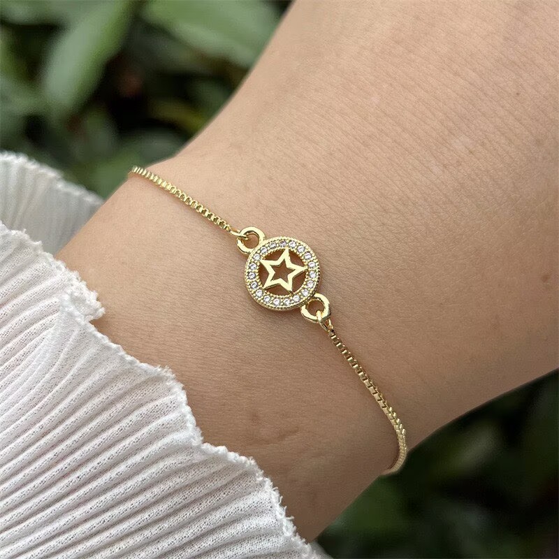 Geometric Electroplated Copper Bracelet For Women With 18K Real Gold Plated PVD Coating And Zircon Inlay, Featuring Slider Chain 9