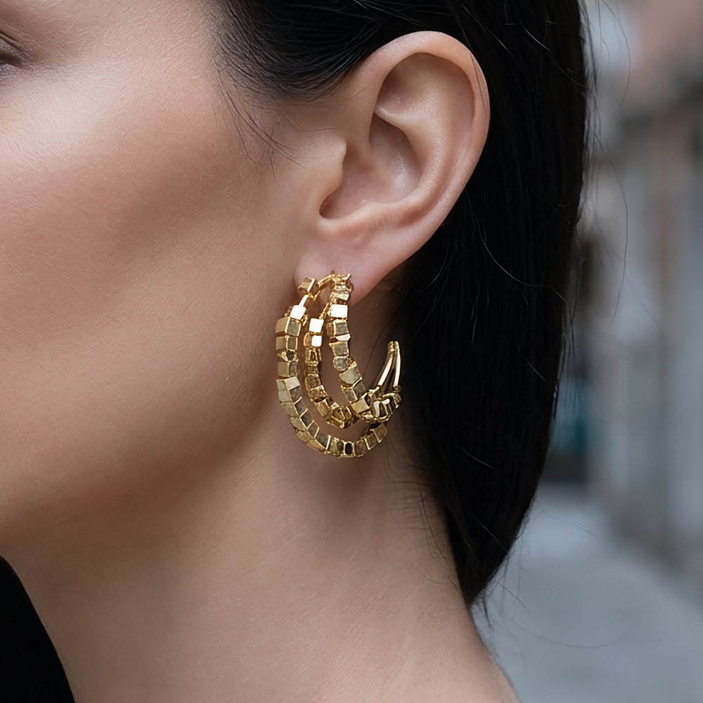 Geometric Electroplated Copper Earrings For Women With 0.03µm 18K Real Gold Plated Coating, Stylish Stud Earrings