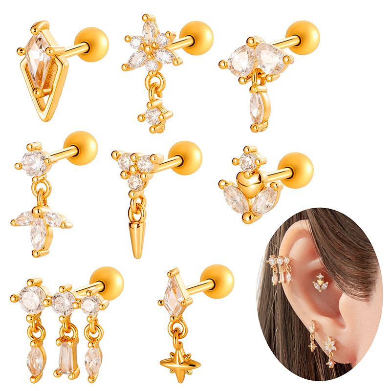 Geometric Electroplated Stud Earrings For Women In Copper With 18K Real Gold Water Plating And Zircon Inlay