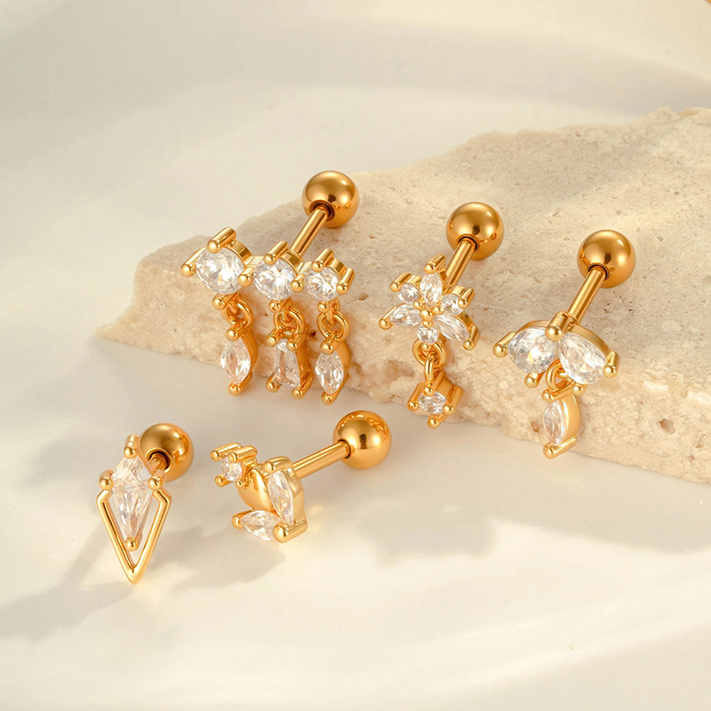 Geometric Electroplated Stud Earrings For Women In Copper With 18K Real Gold Water Plating And Zircon Inlay 2