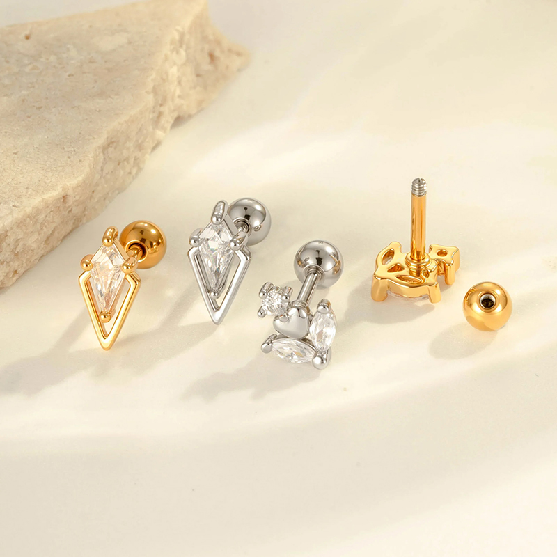 Geometric Electroplated Stud Earrings For Women In Copper With 18K Real Gold Water Plating And Zircon Inlay 4