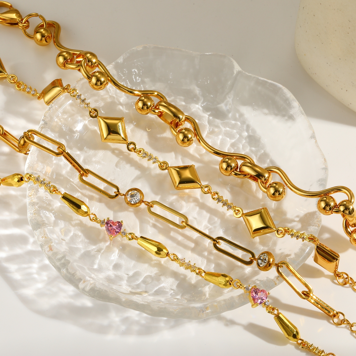 Geometric Electroplated Women's Bracelets In 304 Stainless Steel With 18K Gold PVD Coating, Zircon Inlay, Paperclip Chain 2