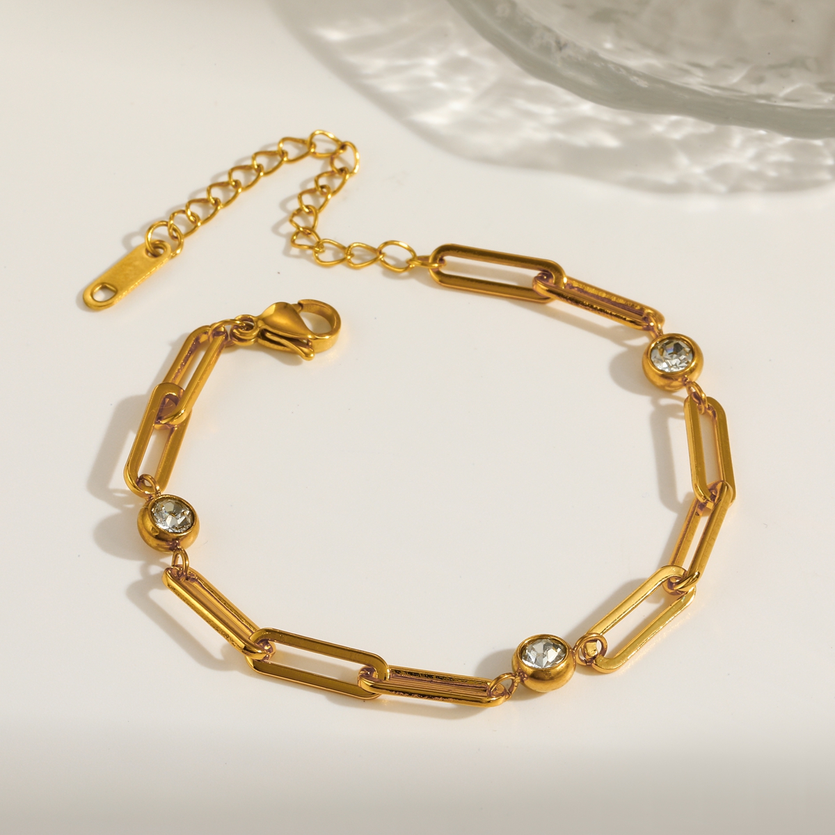 Geometric Electroplated Women's Bracelets In 304 Stainless Steel With 18K Gold PVD Coating, Zircon Inlay, Paperclip Chain 3