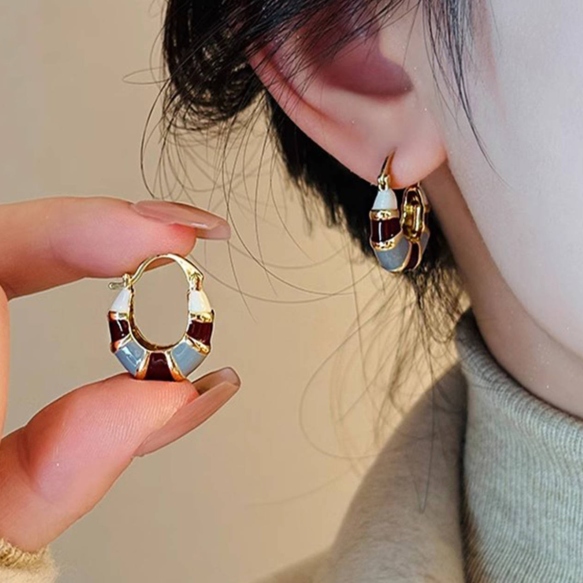 Geometric Enamel Earrings For Women With 0.03µm KC Golden Plated Copper Featuring Water Plating Process 3
