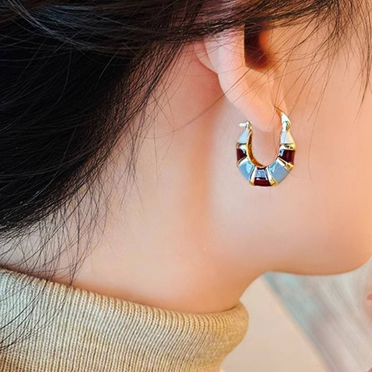 Geometric Enamel Earrings For Women With 0.03µm KC Golden Plated Copper Featuring Water Plating Process 6