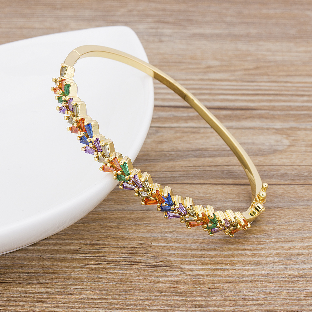 Geometric Gold Bangle For Women In 18K Real Gold Plated Copper Featuring Electroplated Finish With Zircon Inlay 3