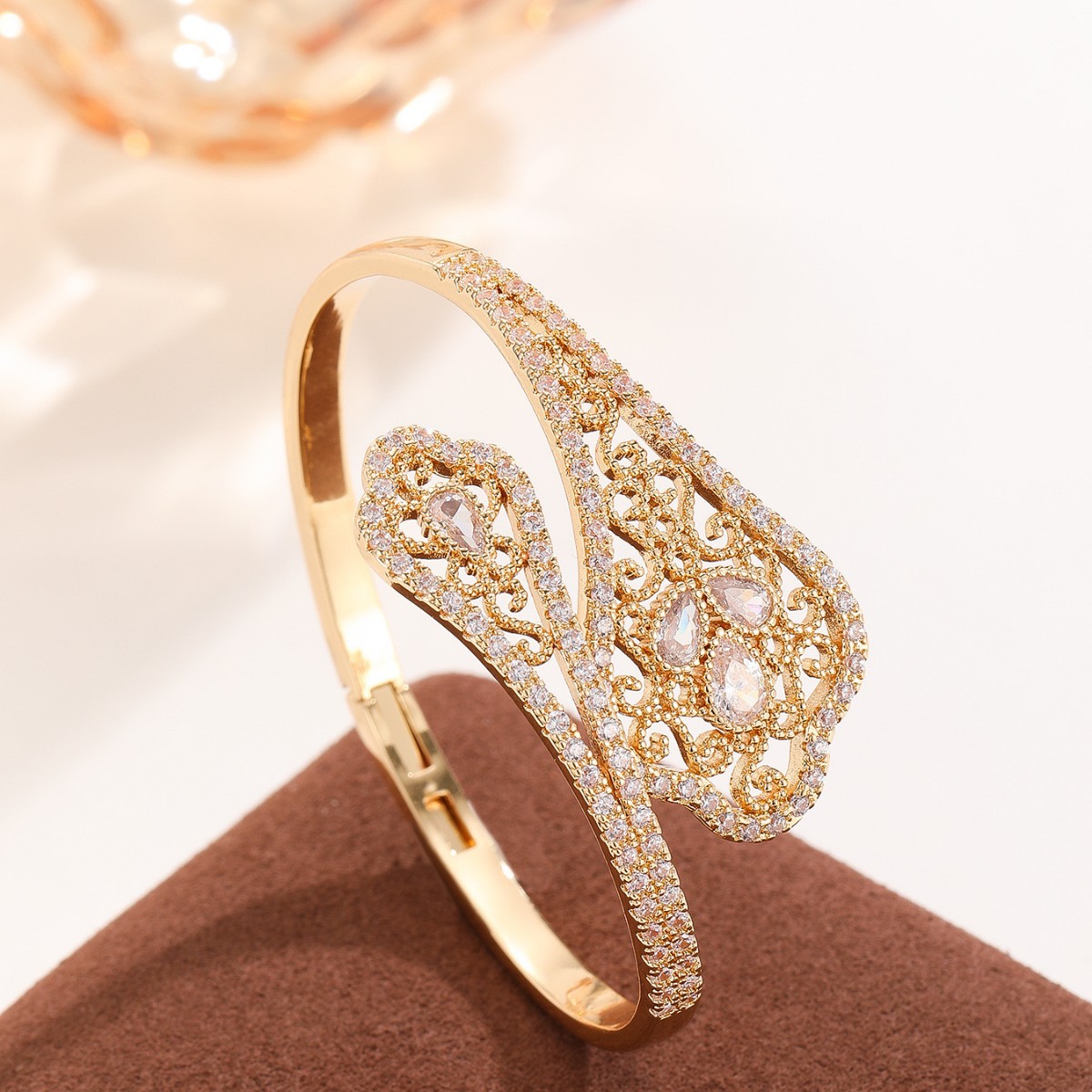 Geometric Inlay Bangle In Copper With Golden Plated Electroplated Finish Featuring Artificial Rhinestones