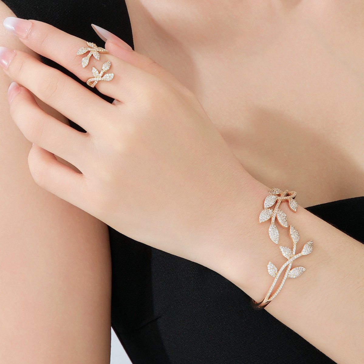 Geometric Inlay Bangle In Copper With Golden Plated Electroplated Finish Featuring Artificial Rhinestones 3