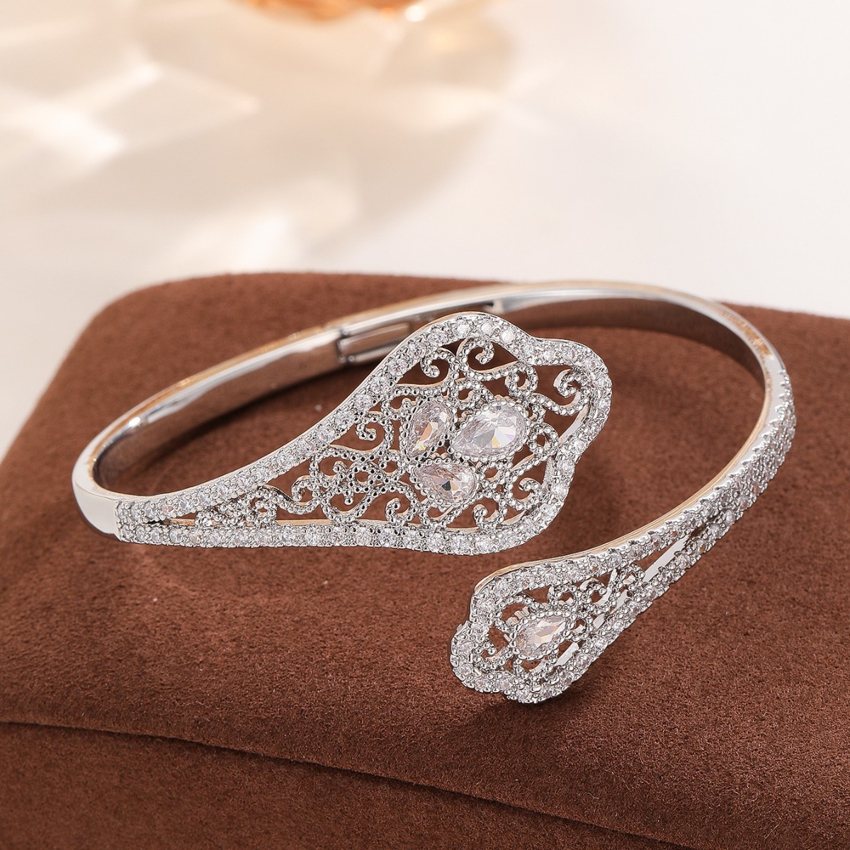 Geometric Inlay Bangle In Copper With Golden Plated Electroplated Finish Featuring Artificial Rhinestones 5
