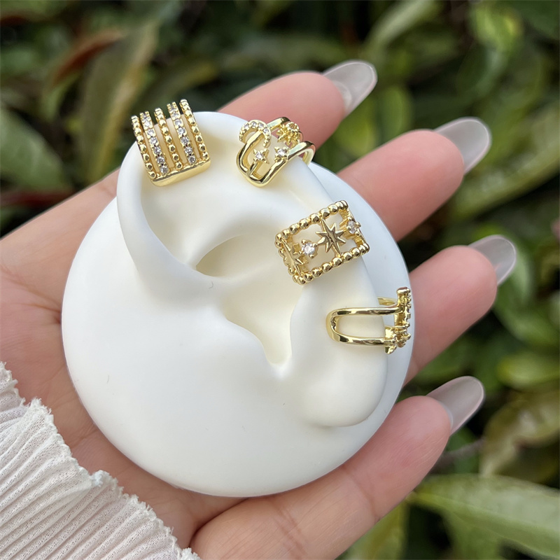 Geometric Inlay Clip Earrings For Women, Copper Base With 18K Gold Electroplated Finish And Zircon Inlay