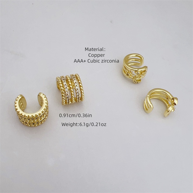 Geometric Inlay Clip Earrings For Women, Copper Base With 18K Gold Electroplated Finish And Zircon Inlay 2
