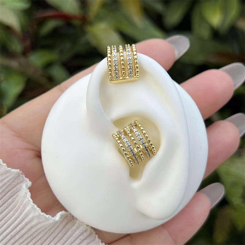 Geometric Inlay Clip Earrings For Women, Copper Base With 18K Gold Electroplated Finish And Zircon Inlay 6