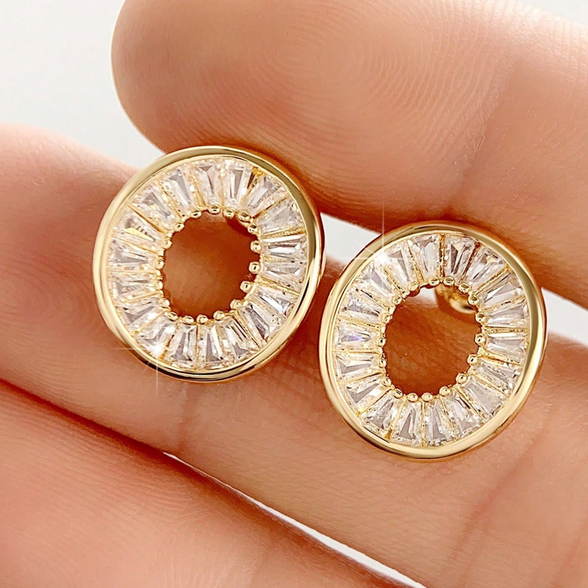 Geometric Stud Earrings For Women With Claw Setting, Copper Base, KC Golden Plated Water Plating, And Zircon Inlay 3