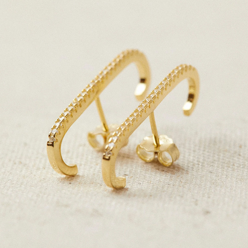 Geometric Stud Earrings In Copper With Electroplated Golden Plating And 0.03µm Thickness Featuring Zircon Inlay