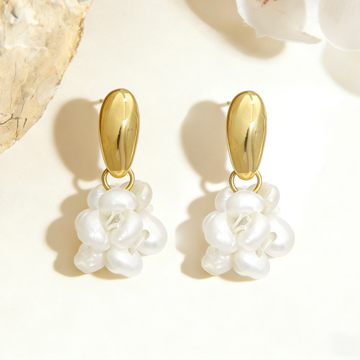 Three-dimensional Geometric Stud Earrings In Copper With Electroplated Golden Plating And Freshwater Pearl Inlay