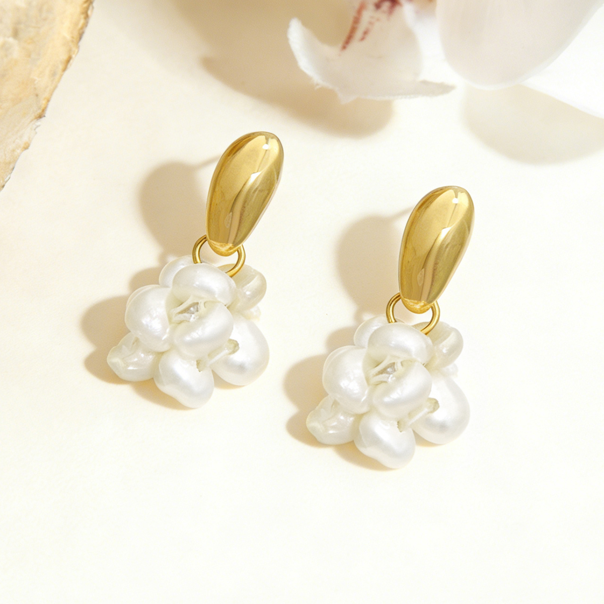 Three-dimensional Geometric Stud Earrings In Copper With Electroplated Golden Plating And Freshwater Pearl Inlay 3