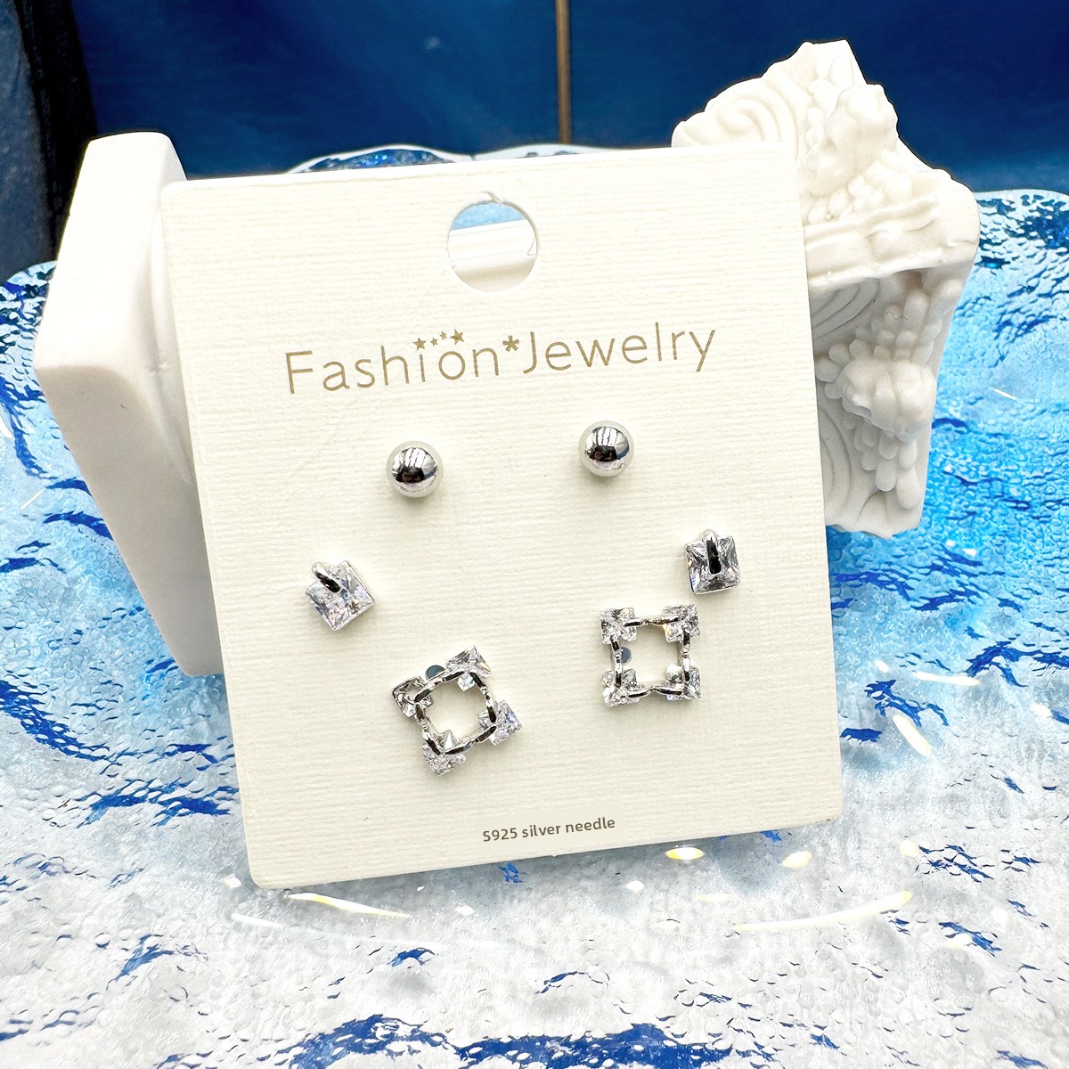 Geometric Stud Earrings For Women In Electroplated Copper With Zircon Inlay, Sweet Style 4