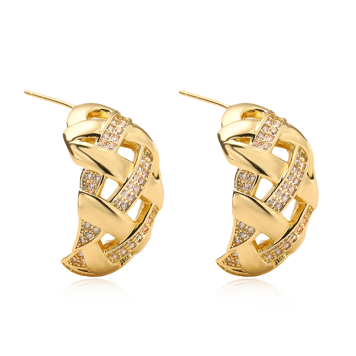 Geometric Stud Earrings For Women With Micro Pave Zircon Inlay, 18K Real Gold Plated Copper, Water Plating Process