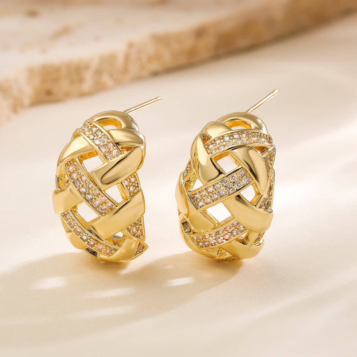 Geometric Stud Earrings For Women With Micro Pave Zircon Inlay, 18K Real Gold Plated Copper, Water Plating Process 3