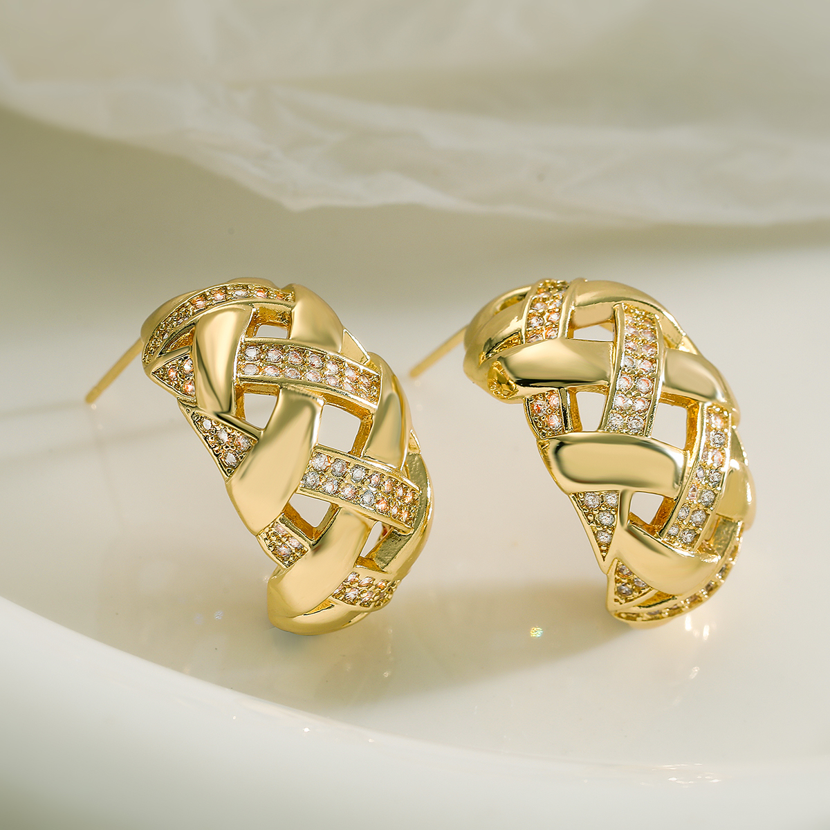 Geometric Stud Earrings For Women With Micro Pave Zircon Inlay, 18K Real Gold Plated Copper, Water Plating Process 4