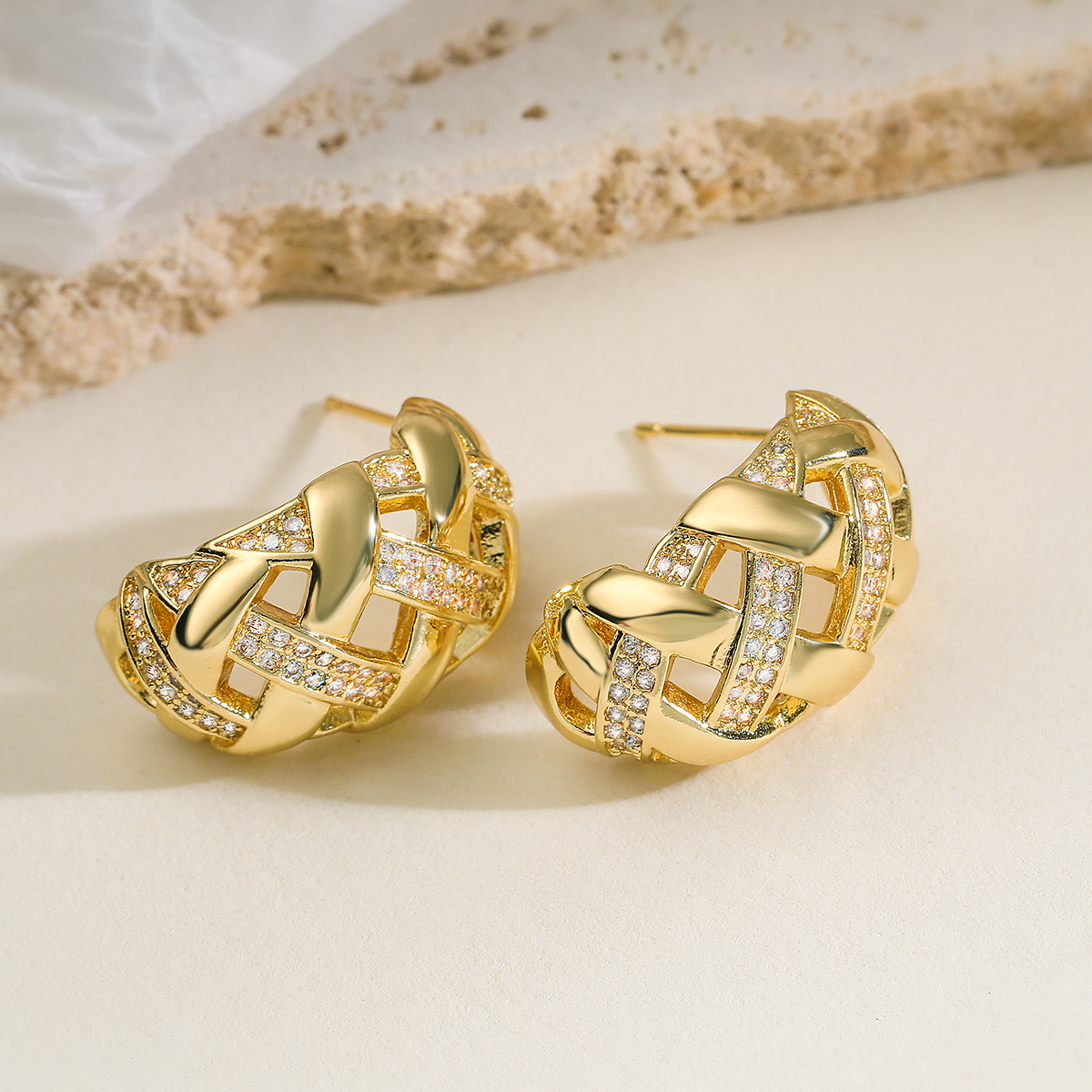 Geometric Stud Earrings For Women With Micro Pave Zircon Inlay, 18K Real Gold Plated Copper, Water Plating Process 5