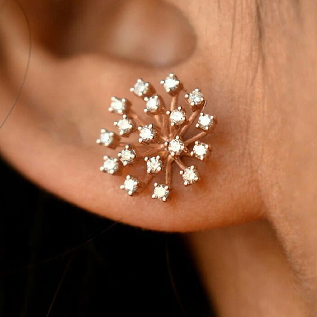 Geometric Stud Earrings For Women With Zircon Inlay In KC Golden Plated Copper Featuring Claw Setting And Water Plating