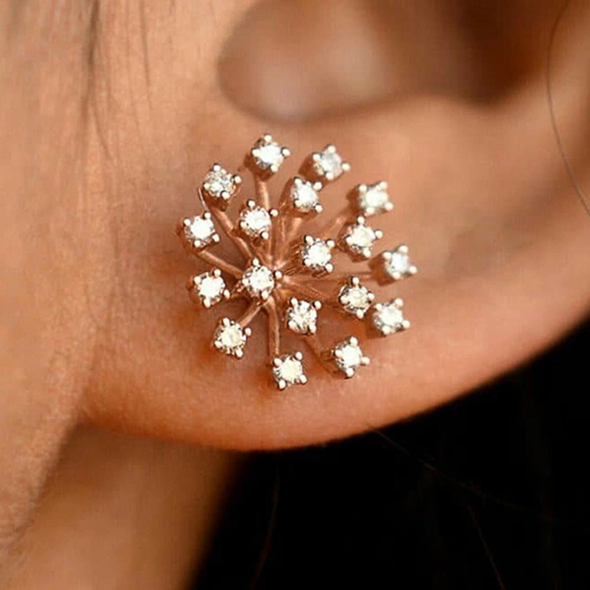 Geometric Stud Earrings For Women With Zircon Inlay In KC Golden Plated Copper Featuring Claw Setting And Water Plating 3