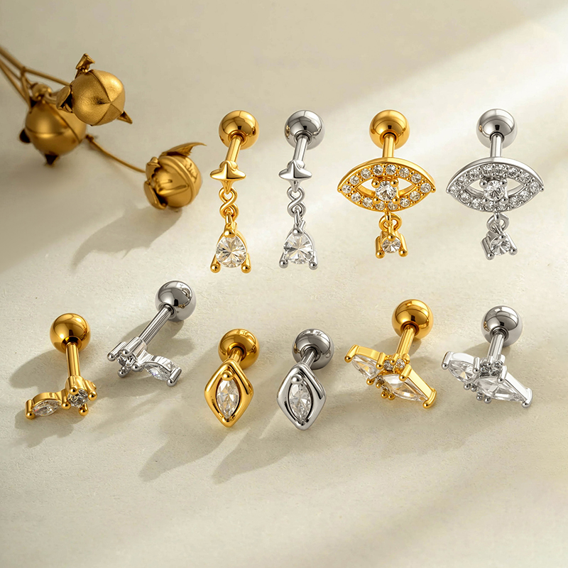 Geometric Stud Earrings For Women With Zircon Inlay, Copper Base, And 18K Real Gold Water Plating