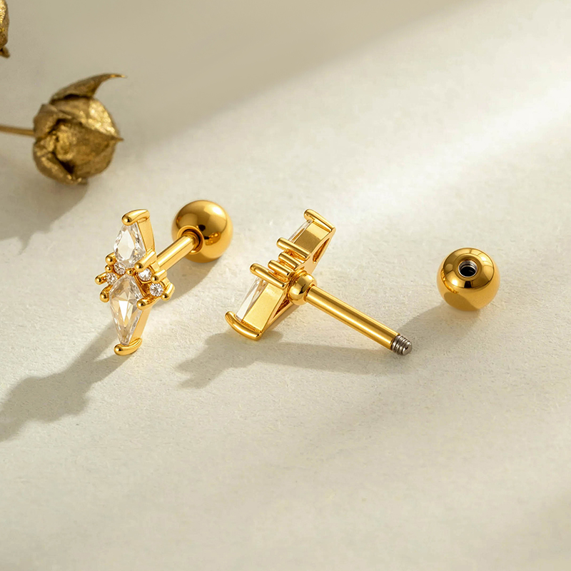 Geometric Stud Earrings For Women With Zircon Inlay, Copper Base, And 18K Real Gold Water Plating 4