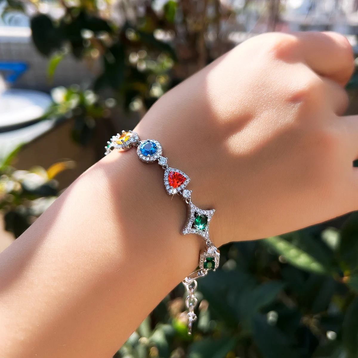 Geometric Waterproof Non Tarnish Copper Bracelet For Women With Rhodium Plated Tennis Chain And Zircon Inlay 7