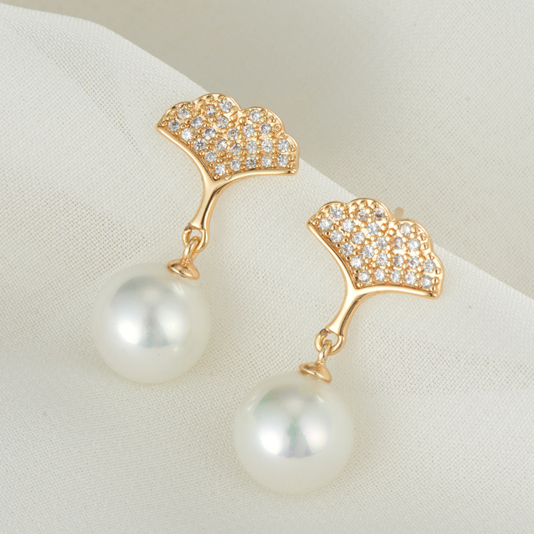 Ginkgo Leaf Stud Earrings For Women With 925 Sterling Silver Posts And Copper Base Inlaid With Zircon In Simple Style 2