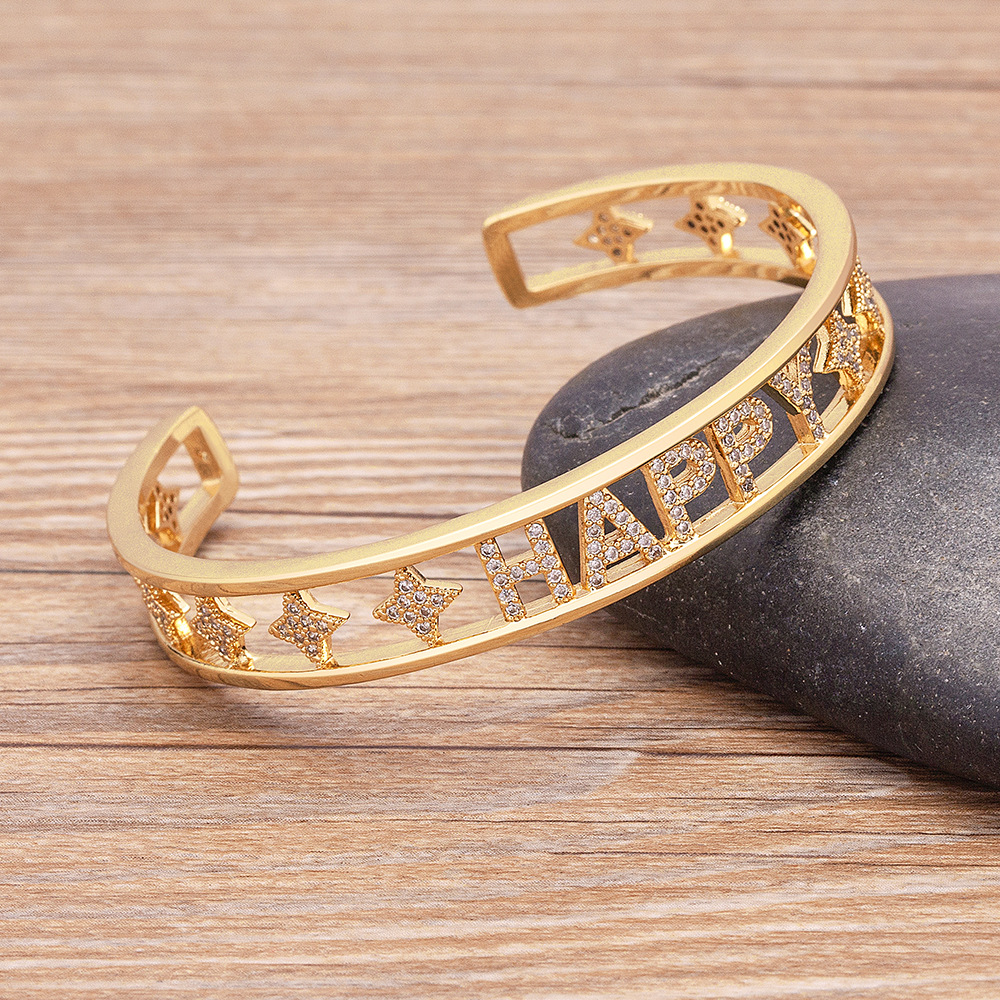 Gold Letter Bangle For Women In Copper With Zircon Inlay, 18K Real Gold Plated Electroplated Finish