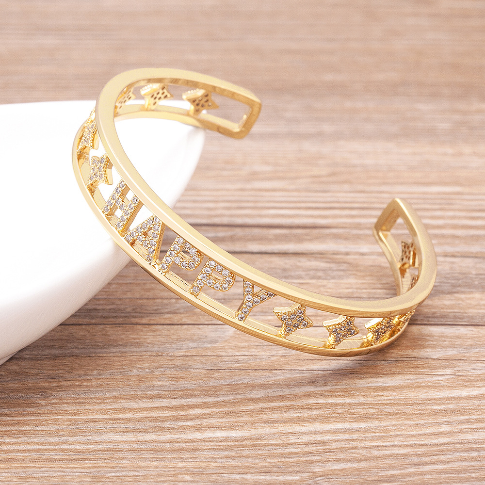 Gold Letter Bangle For Women In Copper With Zircon Inlay, 18K Real Gold Plated Electroplated Finish 3