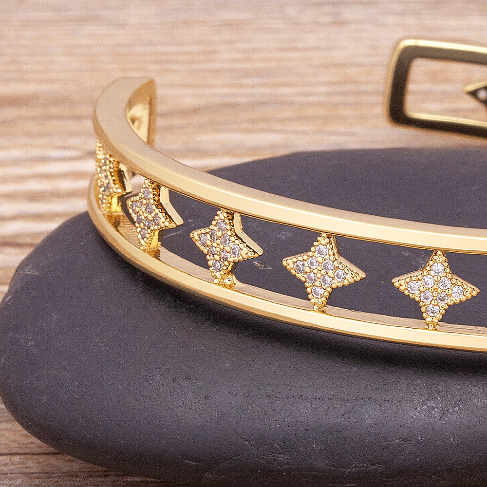 Gold Letter Bangle For Women In Copper With Zircon Inlay, 18K Real Gold Plated Electroplated Finish 4