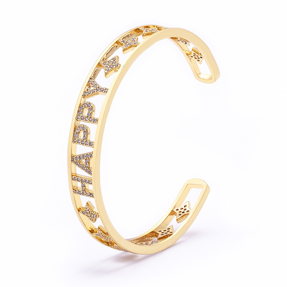 Gold Letter Bangle For Women In Copper With Zircon Inlay, 18K Real Gold Plated Electroplated Finish 5