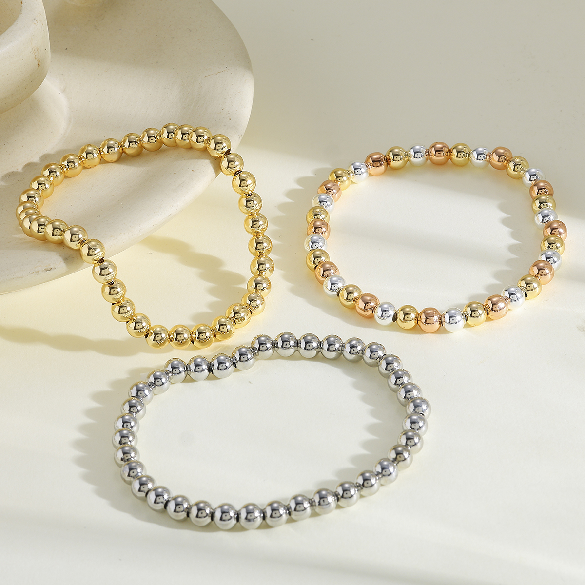Gold-Plated Copper Silver Elastic Cord 5mm Round Beaded Chain Bracelet For Women Valentine's Day