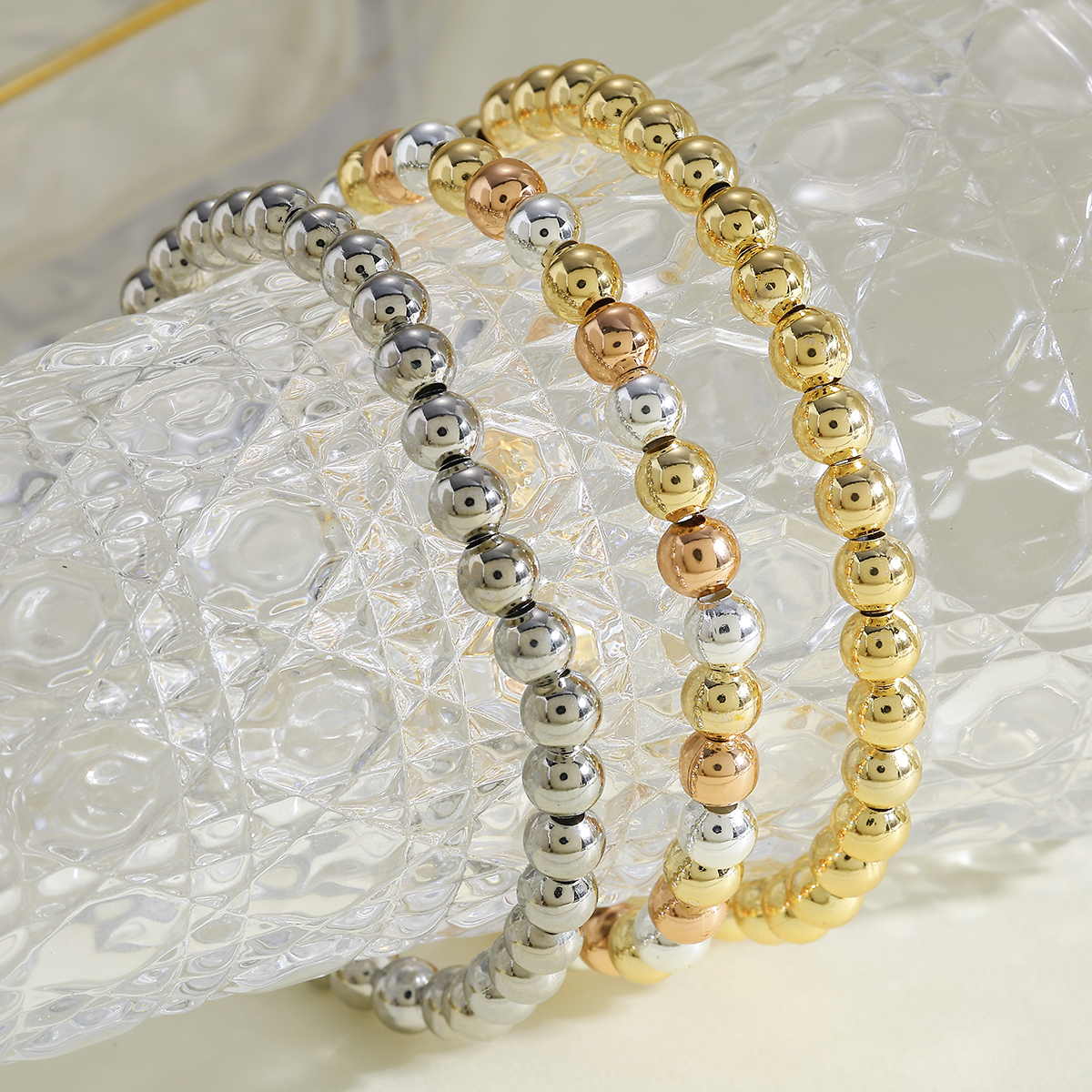 Gold-Plated Copper Silver Elastic Cord 5mm Round Beaded Chain Bracelet For Women Valentine's Day 2