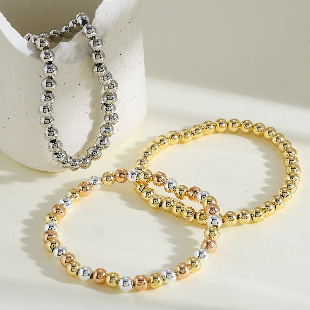 Gold-Plated Copper Silver Elastic Cord 5mm Round Beaded Chain Bracelet For Women Valentine's Day 6